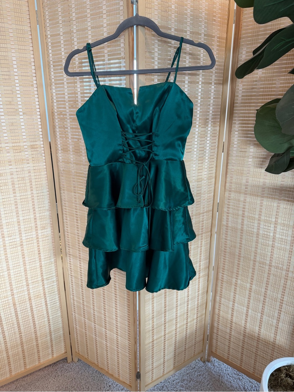 Altar’d State Emerald Green Satin Lace-Up Tiered Mini Dress